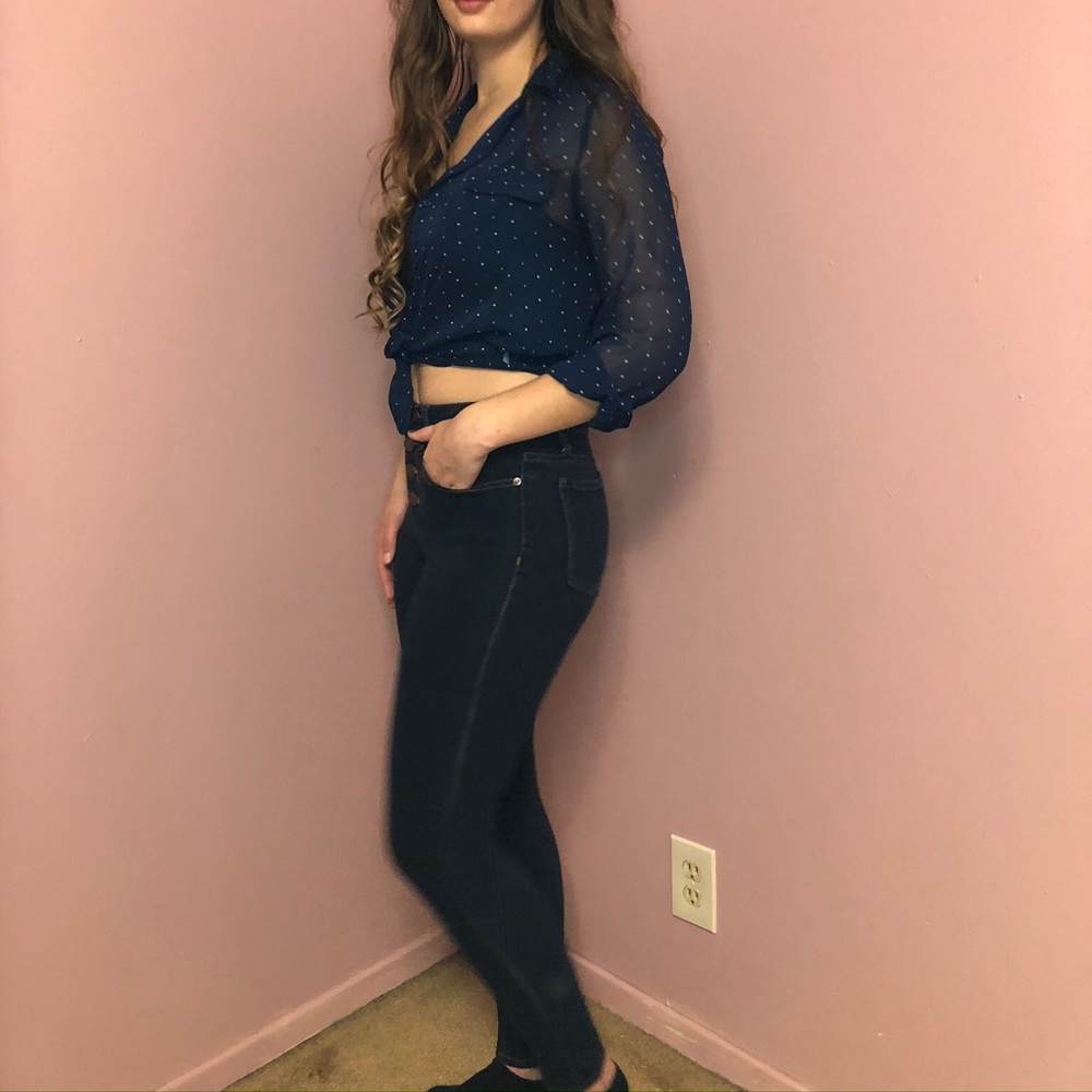 Deep Blue Sheer Button Up With Teal and White Dots